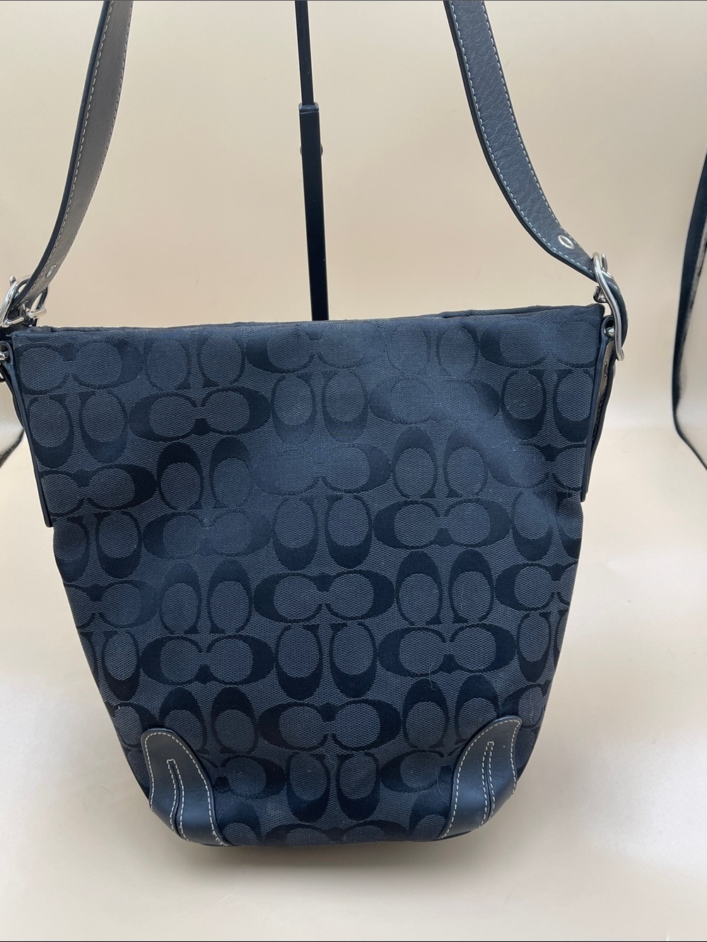 Coach Black Signature Jacquard Bucket Bag with thick strap with silver hardware